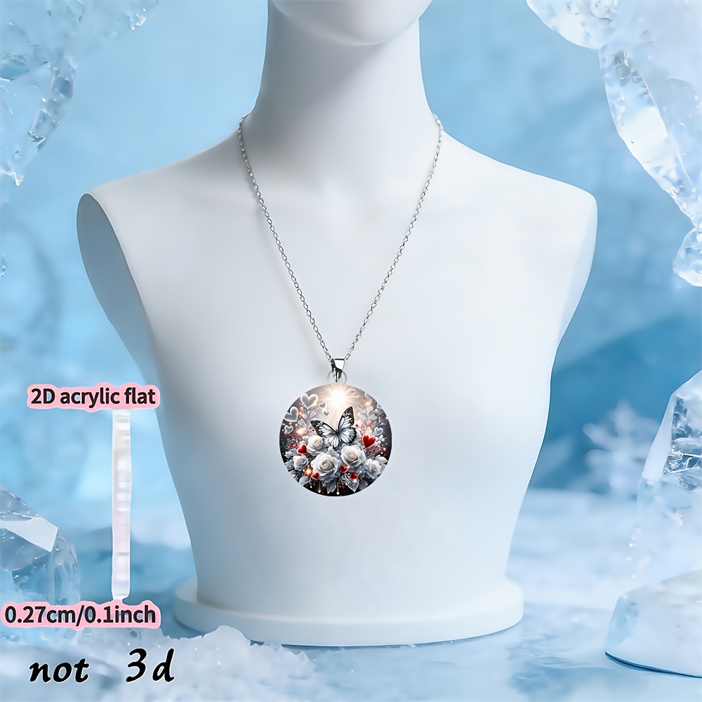 2D Acrylic Snow Butterfly & Rose Flower Pendant Necklace, Whimsical Design